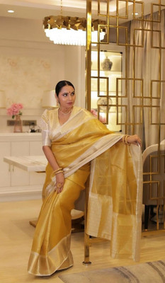 Textile botique Woven, Solid/Plain Banarasi Tissue Saree(Gold)