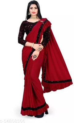 KSENTERPRISE Solid/Plain Bollywood Lycra Blend Saree(Red)