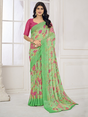 Divastri Floral Print, Geometric Print, Digital Print, Printed Bollywood Chiffon Saree(Green)