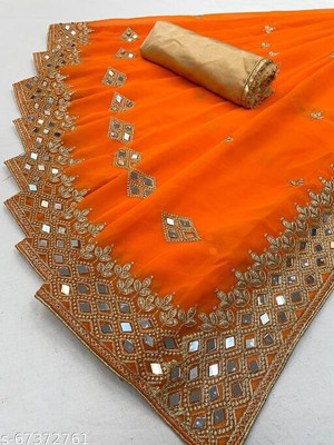 kraddle Embroidered Banarasi Georgette Saree(Orange)