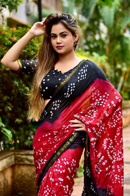 shreeji creation Printed Bandhani Pure Silk Saree(Black)