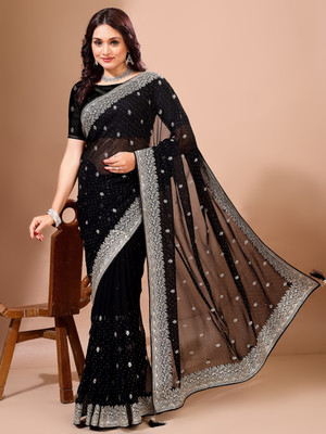 Divastri Embroidered, Embellished, Woven Bollywood Georgette Saree(Black)