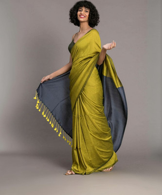 sourav biswas Self Design, Woven, Solid/Plain Daily Wear Cotton Silk Saree(Gold)
