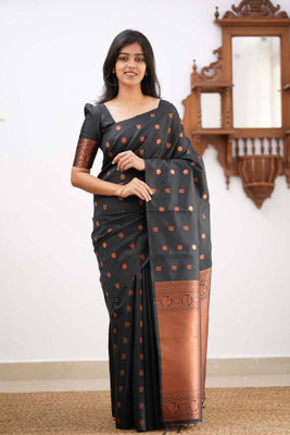 K SALIYA ENTERPRISE Printed Kanjivaram Tussar Silk Saree(Black)