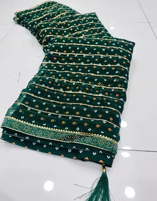 georgette Printed Bandhani Georgette Saree(Green)