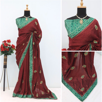 greeva enterprise Printed Bollywood Silk Blend Saree(Maroon)