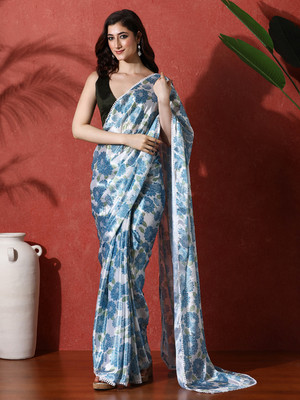 Sangria Printed Saree with Attached Blouse Satin Saree(Blue)