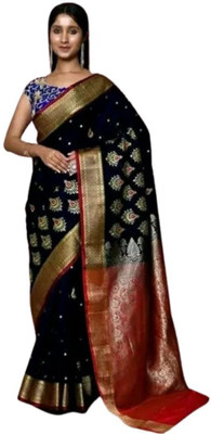 daniyal Floral Print Kanjivaram Art Silk Saree(Black)