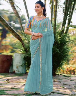 SIRIL Dyed, Embellished, Self Design Bollywood Net, Lace Saree(Blue)