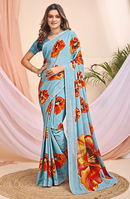 Leelavati Printed, Embellished, Embroidered Daily Wear Chiffon Saree(Light Blue)