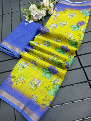 Saaransh Floral Print Kanjivaram Linen, Cotton Silk Saree(Green)