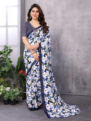 NIRMOHIFASHION Floral Print Bollywood Georgette Saree(Blue, White, Green)