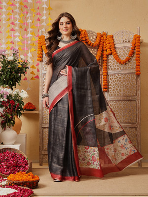 SILK ZONE Printed Bollywood Cotton Silk Saree(Grey)