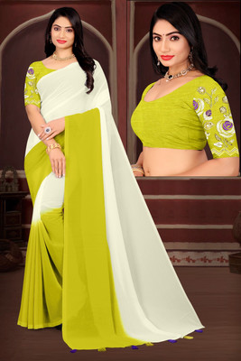 DJHANDPRINTS Striped, Solid/Plain Daily Wear Georgette Saree(Yellow, White)