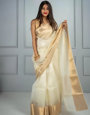 ZILVIRA Woven Kasavu Organza, Jacquard Saree(White, Gold)