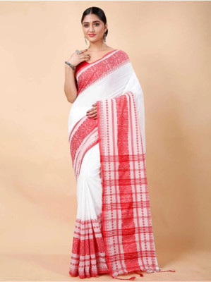 GOLU Self Design Handloom Pure Cotton Saree(White)