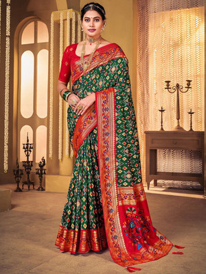 ANOUK Woven Patola Silk Blend Saree(Green)