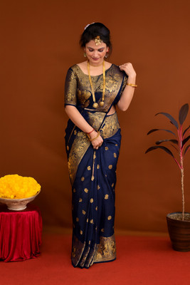 KH F Woven, Self Design Banarasi Cotton Blend Saree(Blue)