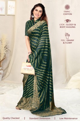 Jugnuustore Striped Bandhani Georgette Saree(Green)