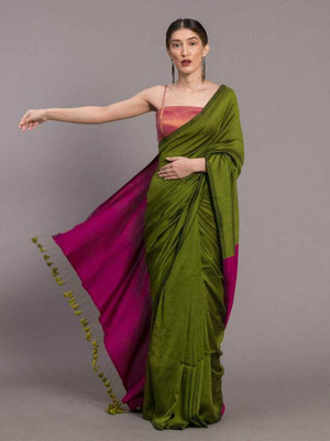 HouseOfCommon Solid/Plain Handloom Cotton Silk Saree(Multicolor)