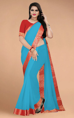 Volmina Solid/Plain, Woven Chanderi Cotton Blend Saree(Light Blue)