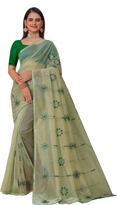 Crystallfashion Self Design Bollywood Organza Saree(Green)