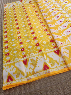 Dristikone Woven Jamdani Pure Cotton Saree(Yellow)