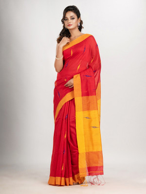 angoshobha Woven Handloom Cotton Blend Saree(Red)