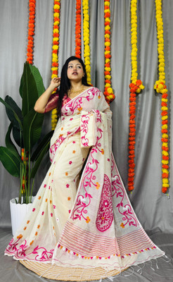 Pasum's Self Design, Embroidered, Woven, Floral Print Jamdani Cotton Silk Saree(Maroon)