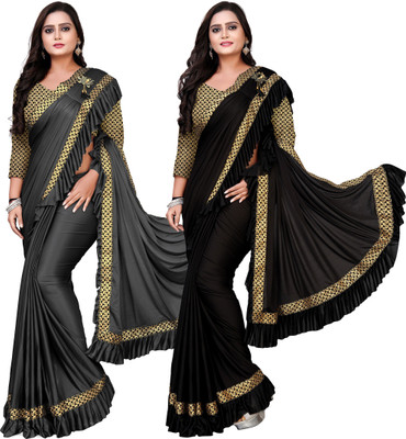DECOFIN Woven, Solid/Plain Bollywood Lycra Blend Saree(Pack of 2, Black, Grey)
