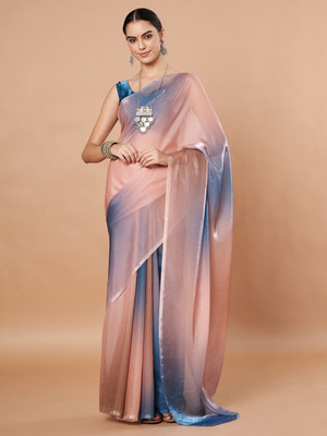 ECOLEAF Solid/Plain, Dyed Bollywood Nylon, Satin Saree(Blue, Beige)