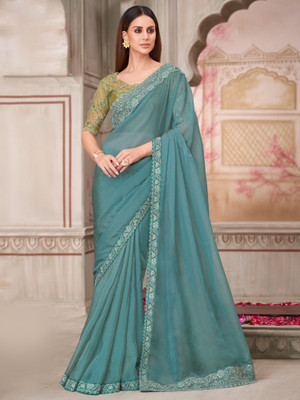 Sareemall Embellished Bollywood Satin Saree(Light Blue)
