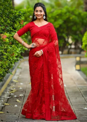 NIYANTAKSH Embroidered Kalamkari Net Saree(Red)