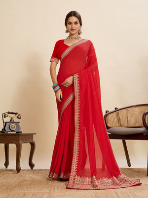 Nayanthara Trends Solid/Plain Bollywood Silk Blend Saree(Red)