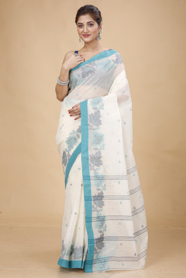 Tant Story Woven Tant Pure Cotton Saree(White)