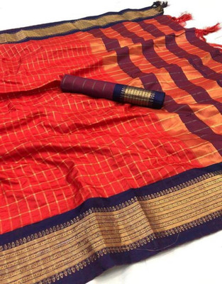yourwish Woven, Checkered, Embellished, Self Design Daily Wear Jacquard, Cotton Silk Saree(Red)