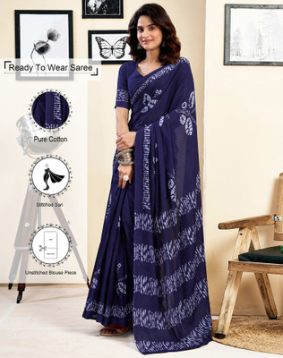 Tasrika Floral Print, Geometric Print, Printed Daily Wear Pure Cotton Saree(Blue, White)