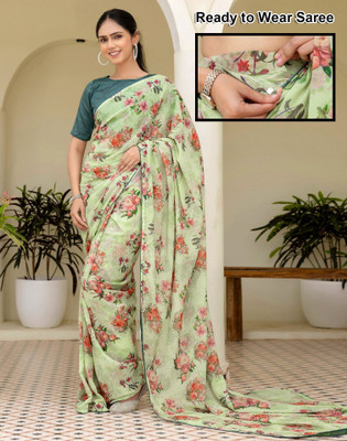 Satrani Floral Print Daily Wear Georgette Saree(Green)