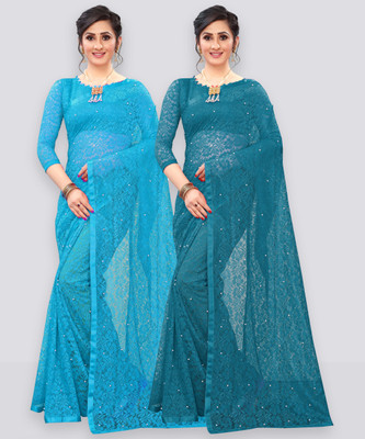 LOROFY Self Design Bollywood Net Saree(Pack of 2, Multicolor)