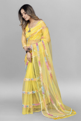 A To Z Cart Self Design Bollywood Net Saree(Yellow)