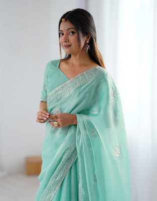 Satrani Embellished, Embroidered Bollywood Jimmy choo, Tissue Saree(Green)