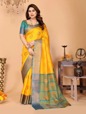 ALPENIKA Printed, Woven Kanjivaram Silk Blend Saree(Yellow, Blue)