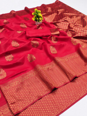 Laksh Self Design Banarasi Art Silk Saree(Red)