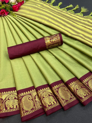 KHODALSAREEFEB Solid/Plain, Self Design Banarasi Cotton Silk Saree(Orange)