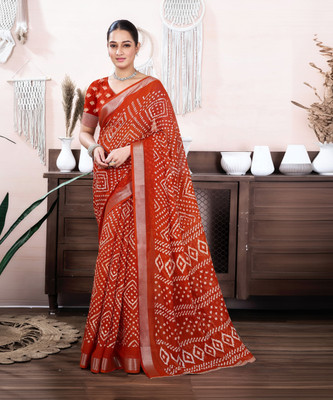 Samah Geometric Print, Printed Bollywood Cotton Blend Saree(Orange)