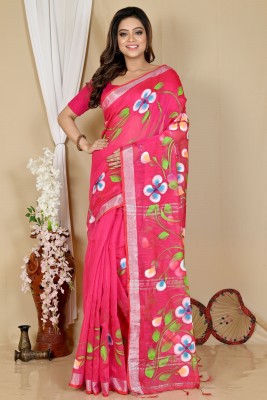 DipDiya Hand Painted, Self Design, Embellished, Temple Border Handloom Cotton Blend Saree(Pink)