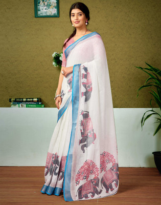 Satrani Digital Print, Floral Print, Embellished Bollywood Linen Saree(Multicolor, White)
