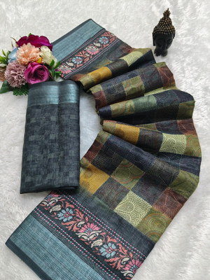 HouseOfCommon Printed Kanjivaram Linen, Cotton Linen Saree(Multicolor)