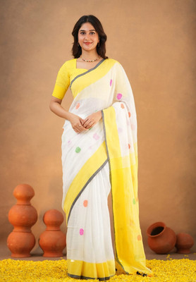 nirave fashion Polka Print, Solid/Plain Daily Wear Cotton Linen Saree(White, Yellow)