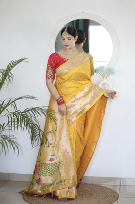 Tasrika Woven Paithani Cotton Silk Saree(Yellow)